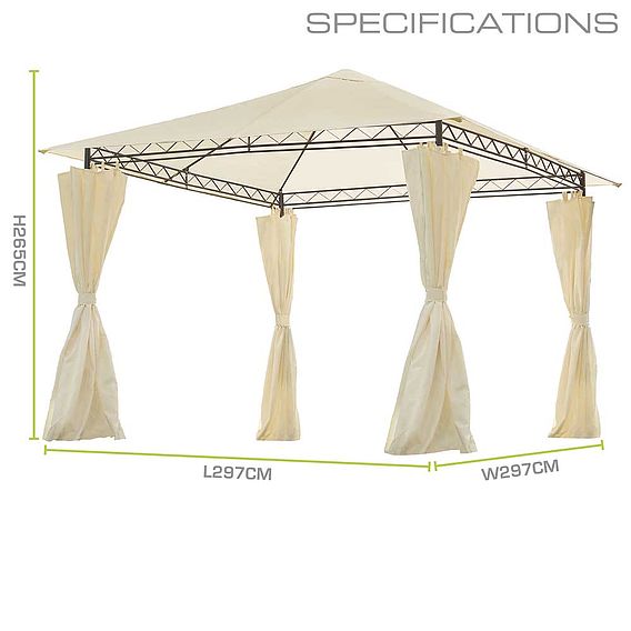 Garden Gear 3x3m Metal Gazebo with Cream Roof and Curtains